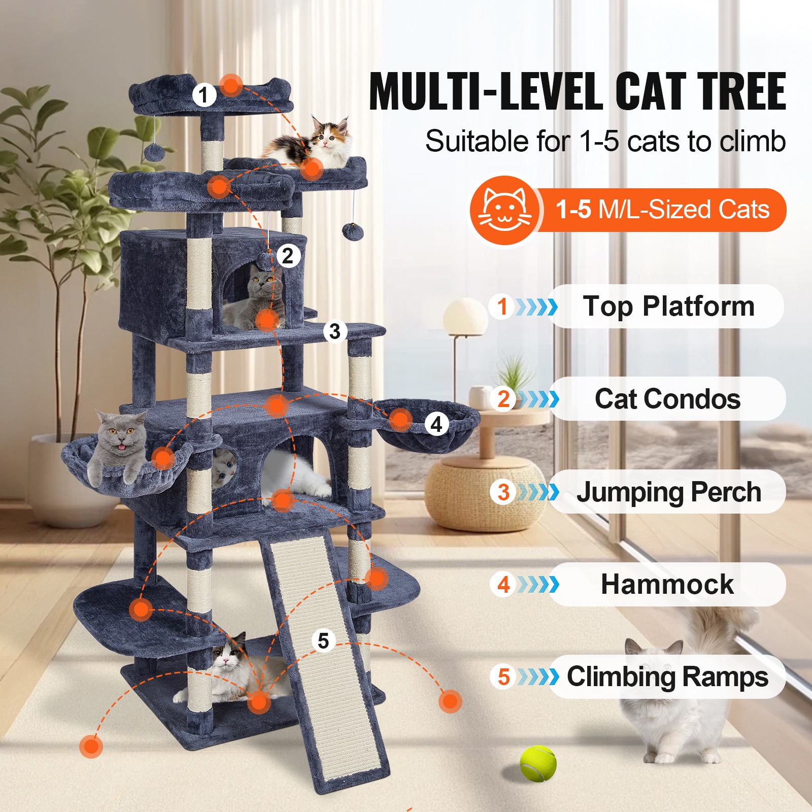 Cat Tree 68.5" Cat Tower For Indoor Cats With Cat Condos Scratching Post_voghion.com